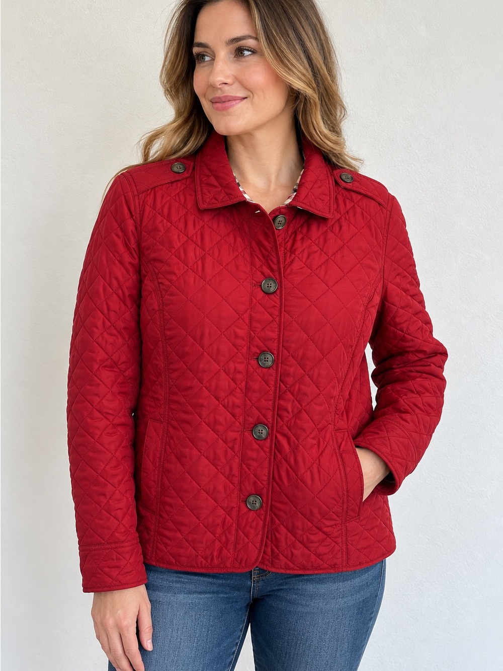 Croft & Barrow Women’s XXL Red Quilted Jacket Plaid Lining Button Front